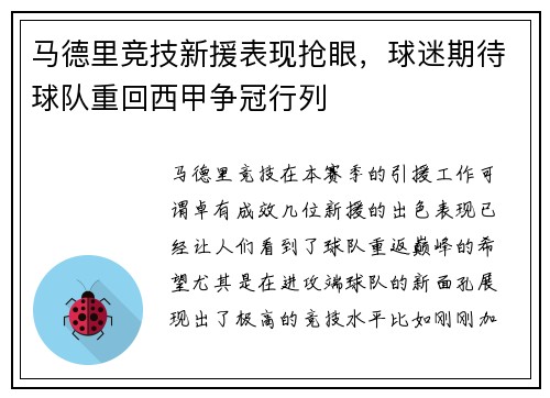马德里竞技新援表现抢眼，球迷期待球队重回西甲争冠行列