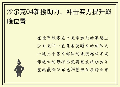 沙尔克04新援助力，冲击实力提升巅峰位置