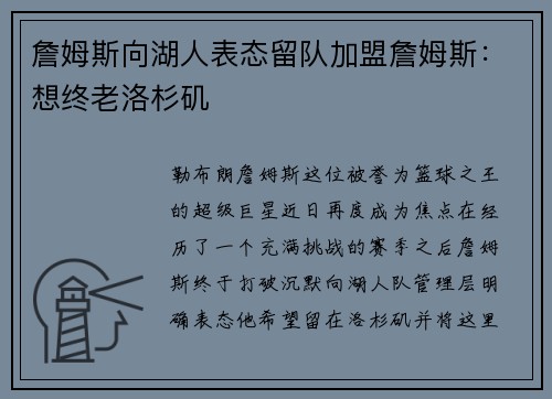 詹姆斯向湖人表态留队加盟詹姆斯：想终老洛杉矶